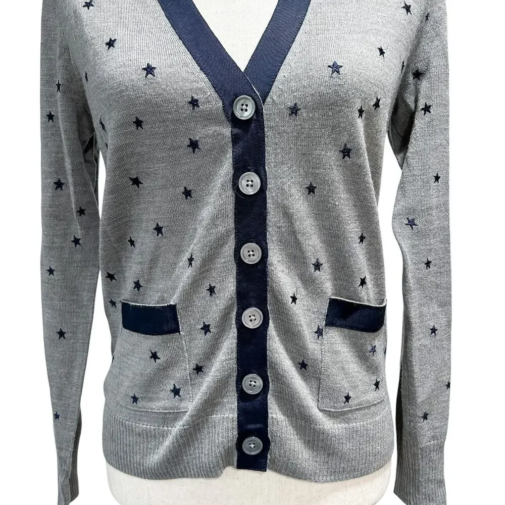 J.Crew Cardigan Small Harlow Star Blue Cardigan Merino Wool Blend Pocket Sweater